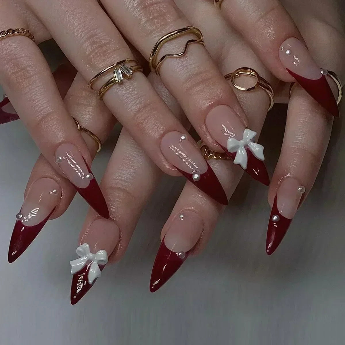 24Pcs French False Nails With Purple Edge Almond Bow Flower Design Detachable Acrylic Fake Nails Long Stiletto Press On Nails