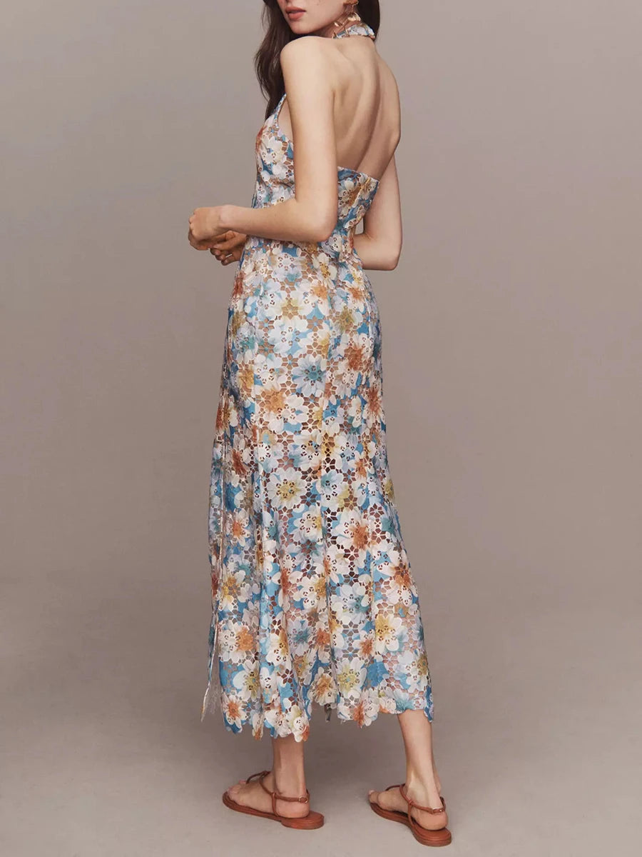 TWOTWINSTYLE Colorblock Hollow Out Spliced Printing Elegant Dresses for Women Halter Neck Sleeveless Split Dress Female Fashion