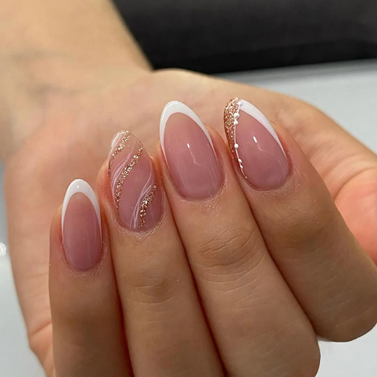 24Pcs Almond False Nails Cute Strawberries with French Design Simple White Wearable Fake Nails Decoration Press on Nail Tips Art
