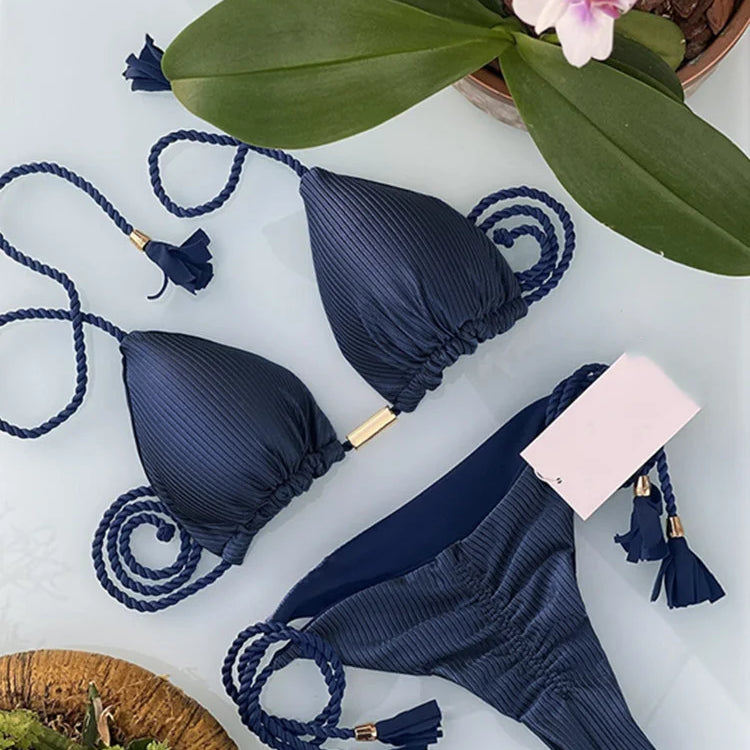 New Women Bikini Backless Rope Triangle Swimsuit Multicolor 8238