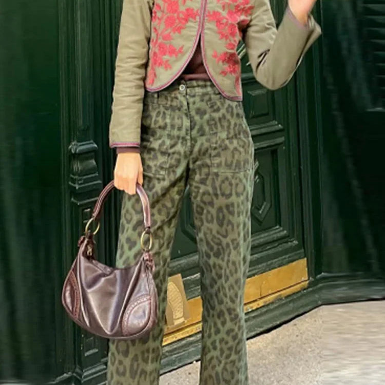 Women Fashion Print Trousers Two-piece Suit Embroidery Long-sleeved Coat High Waist Pants Sets Spring Casual Lady Outfit Suit