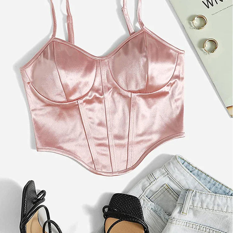 New Summer Women's Satin Sleeveless Chain Strap Crop Tops Tank Tops Bustier Clubwear Camisole