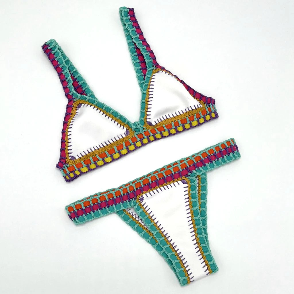 Women White Mulit Handmade Crochet Bikini Set Sexy Boho Swimwear Brazil Reversible Crochet Swimsuit Cute Bathing Suit Beachwear