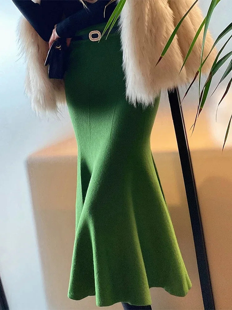 Women's Skirts Autumn Winter Fashion Knitted Long Skirts for Women Green Vintage Slim Korean Style A-LINE Fishtail Skirt