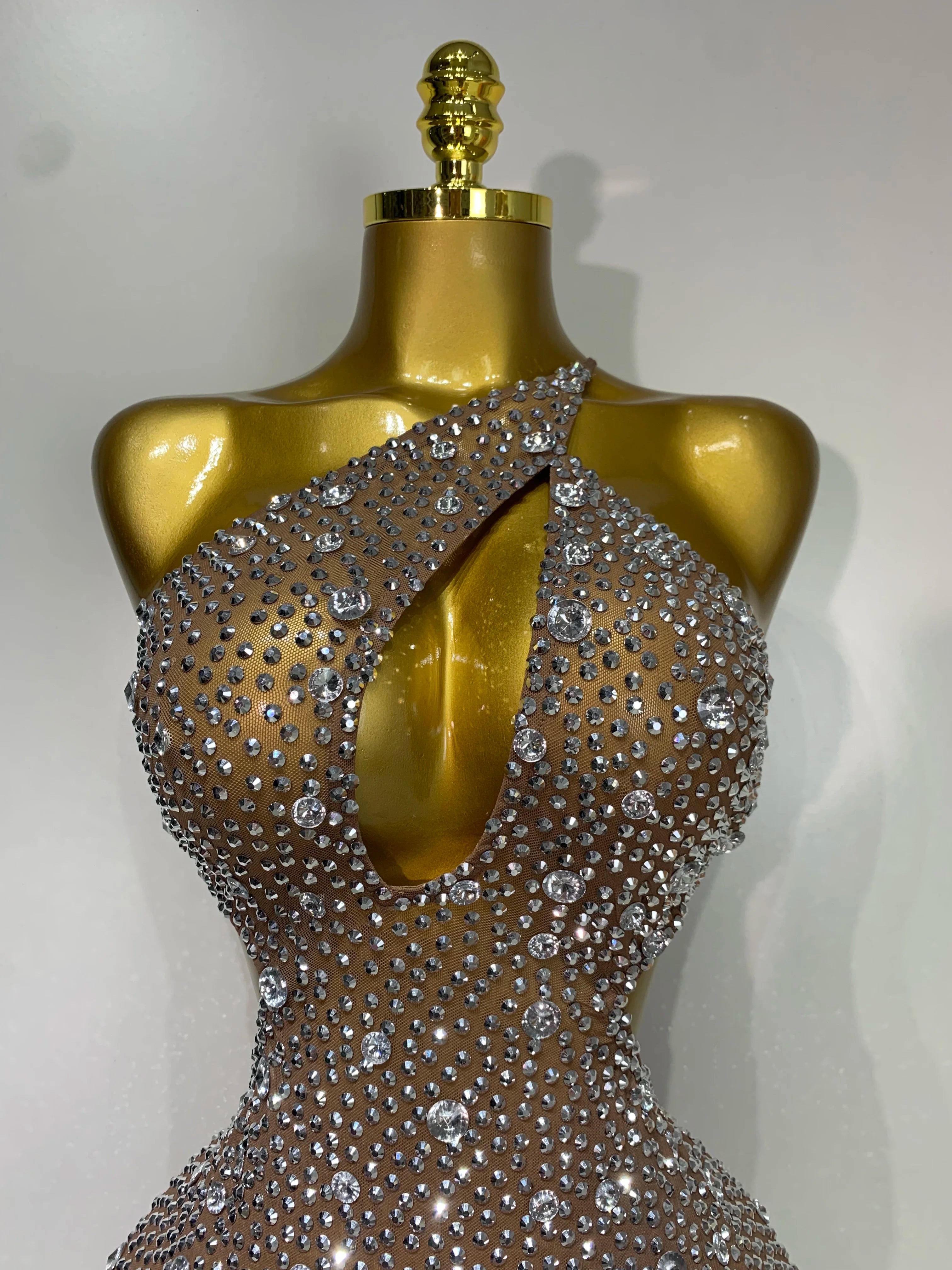 Women Sexy Mesh See Through One Shoulder Luxury Rhinestones Stage Costume Singer Dancer Nightclub Evening Party Birthday Dresses