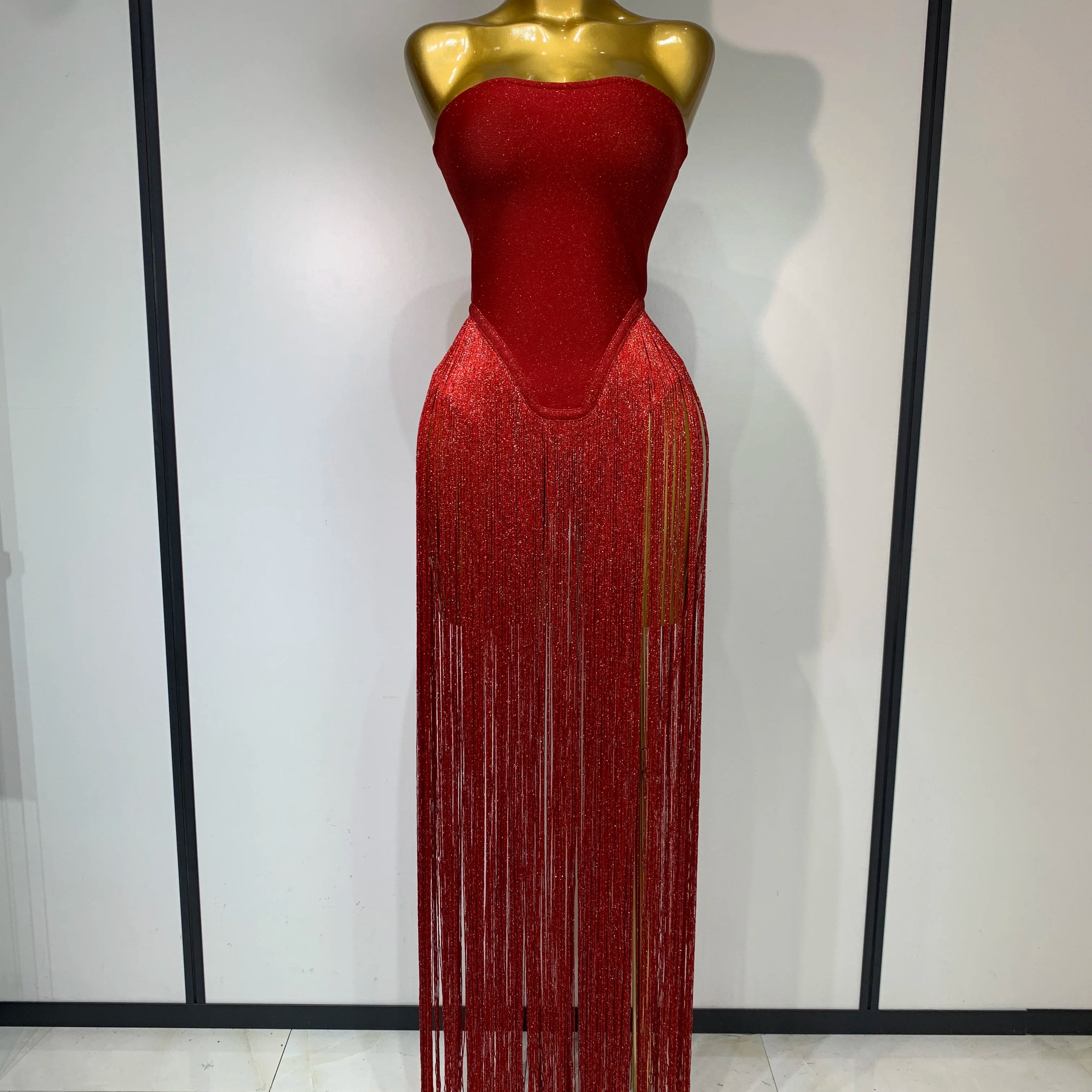 Fashion Design Long Tassel Patchwork Strapless Bandage Bodysuit Women Sexy High Street Evening Party Nightclub Hotwife Outfit