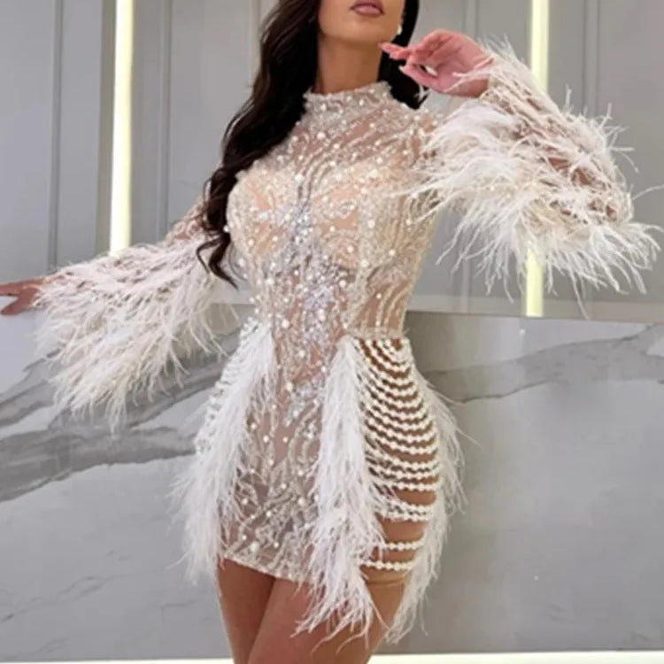 Women Celebrity Sexy Long Sleeve Feather White Mini Pearl Bodycon Gowns Dress 2024 Elegant Evening Party Club Dress
