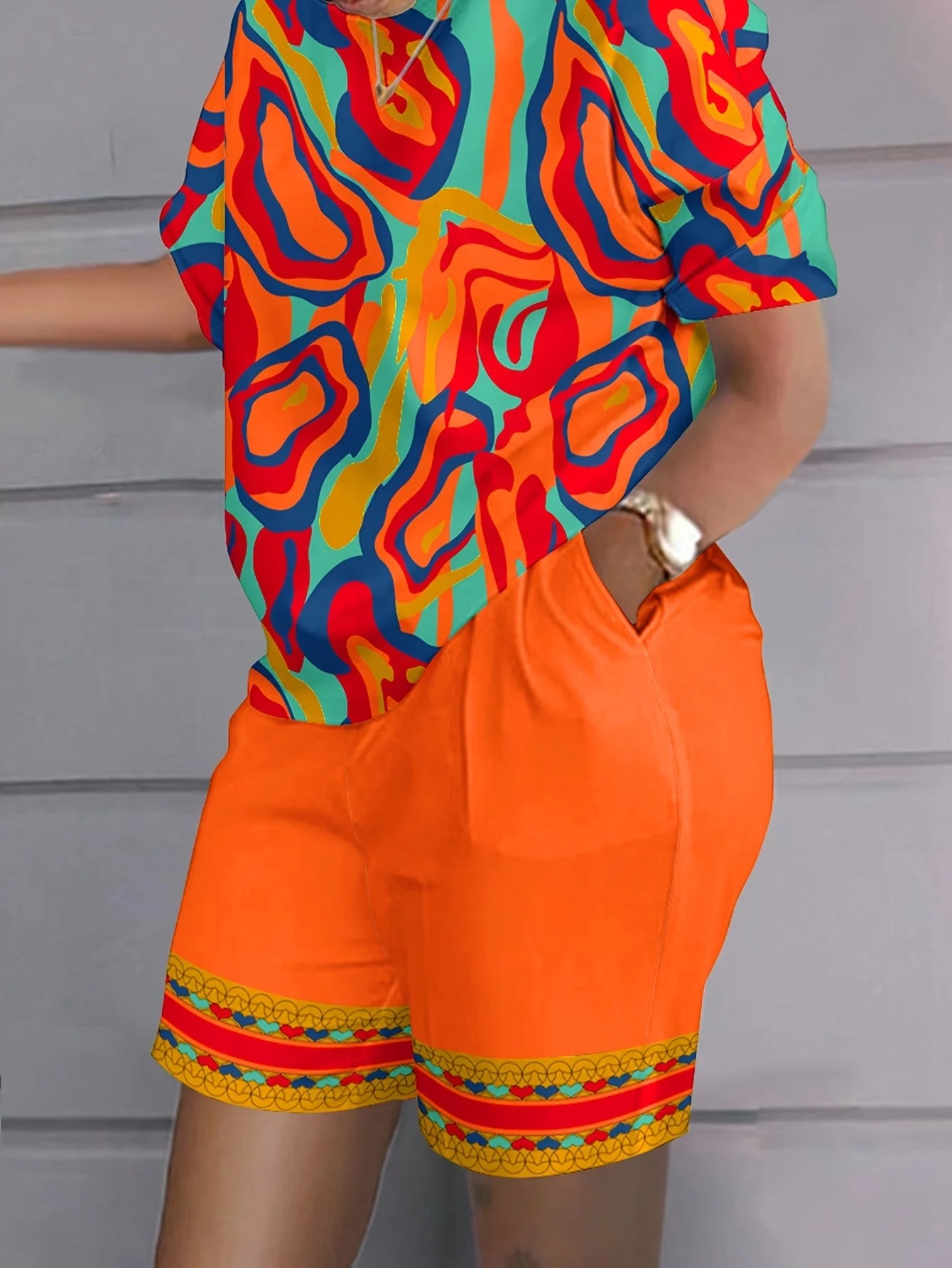 Plus Size 1XL-5XL Women's Colorful Abstract Print Pajama Set Casual Short Sleeve Round Neck T-Shirt & Shorts Summer Loungewear