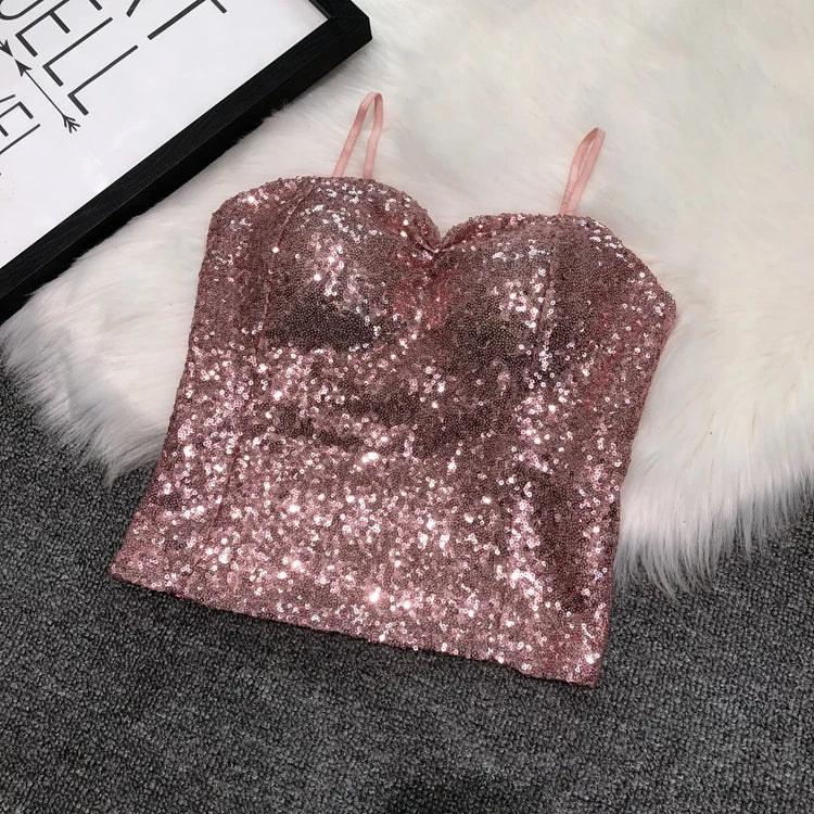 Women's Fashion Sexy Women Nick Sparkling Sequins Vest Harness At Night Binder Chest Pink One Size