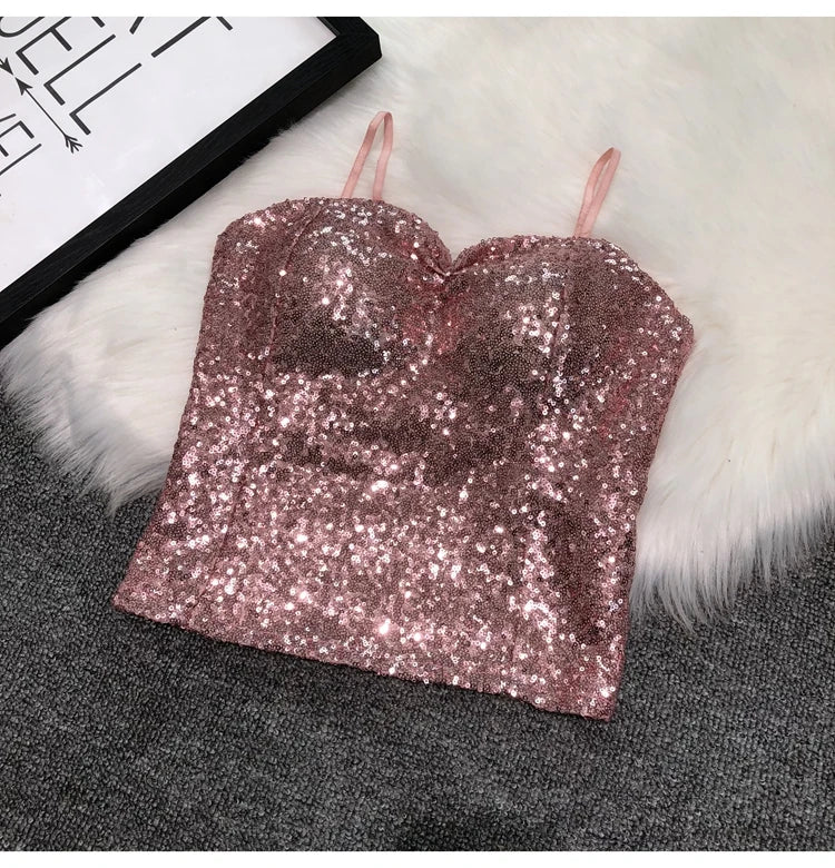 Women's Fashion Sexy Women Nick Sparkling Sequins Vest Harness At Night Binder Chest Pink One Size
