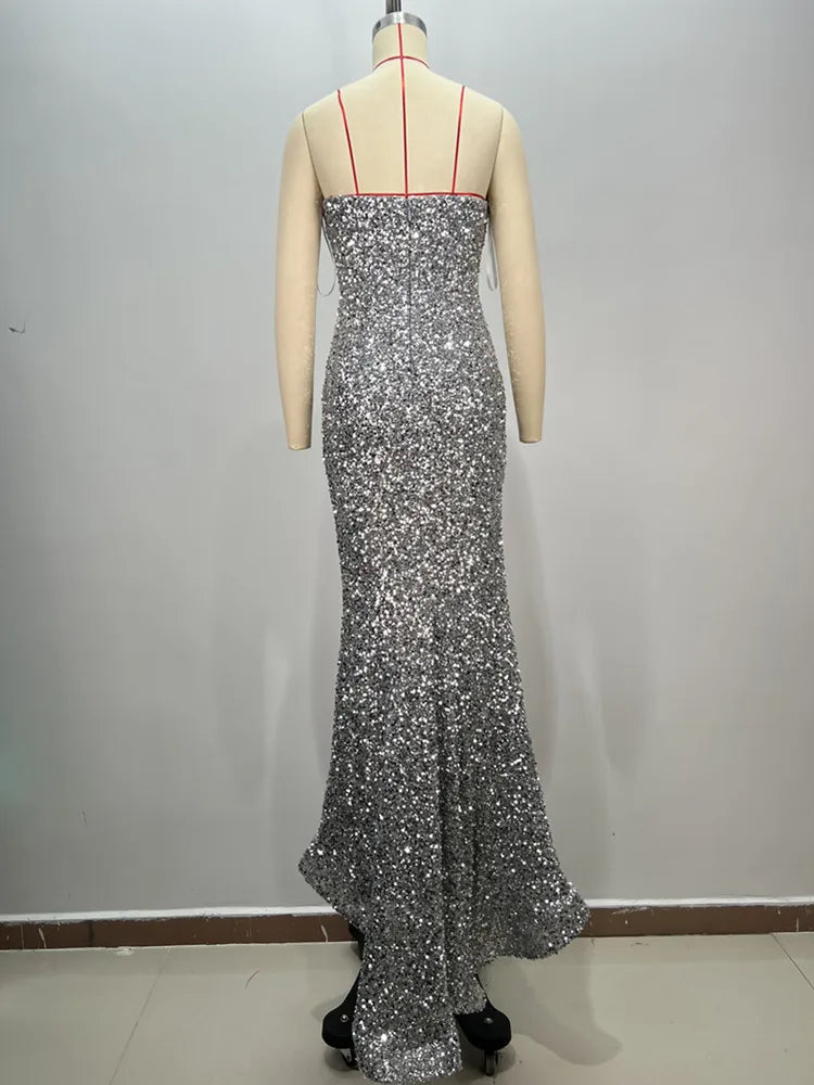 Women Sexy Strapless Backless Mesh Sequins Maxi Long Silver Bodycon Dress 2024 Elegant Party Evening Stage Performance Vestido