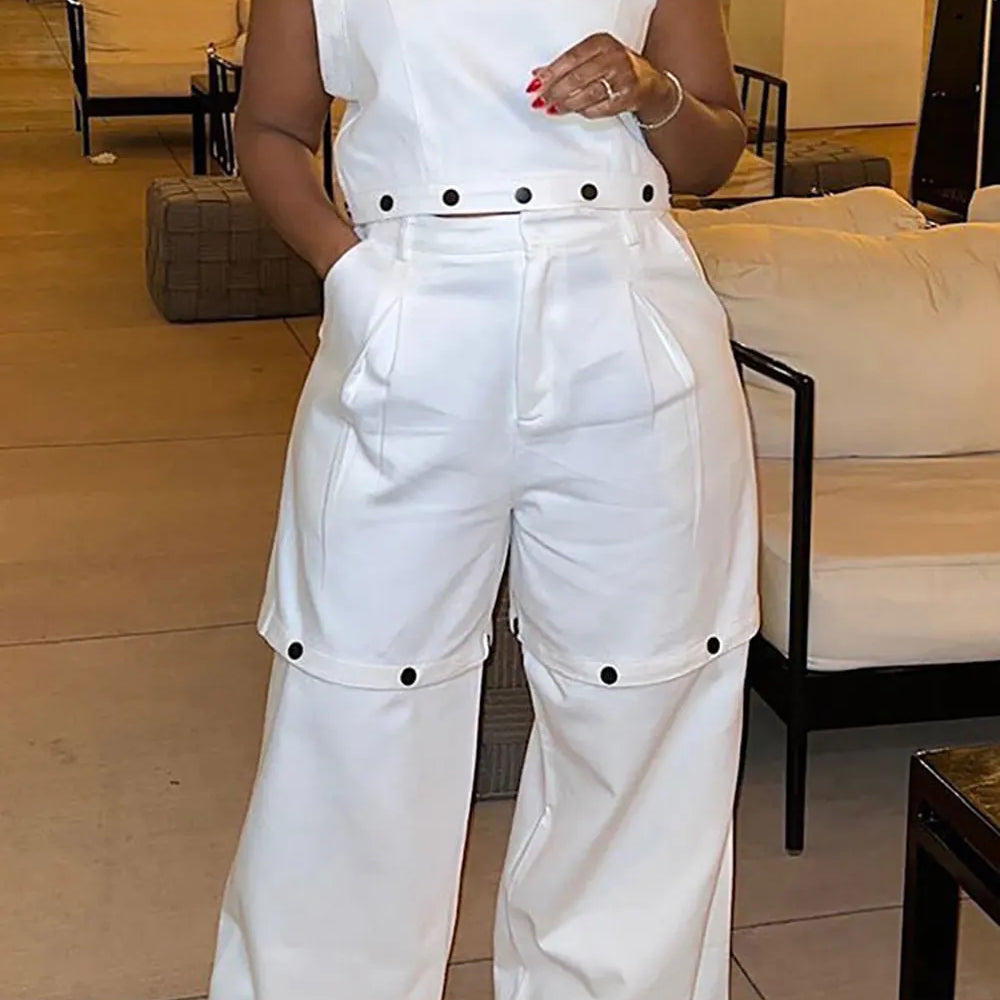 Flycurvy Plus Size Casual Pant Set White Round Neck Detachable Two Piece Pant Set With Pocket