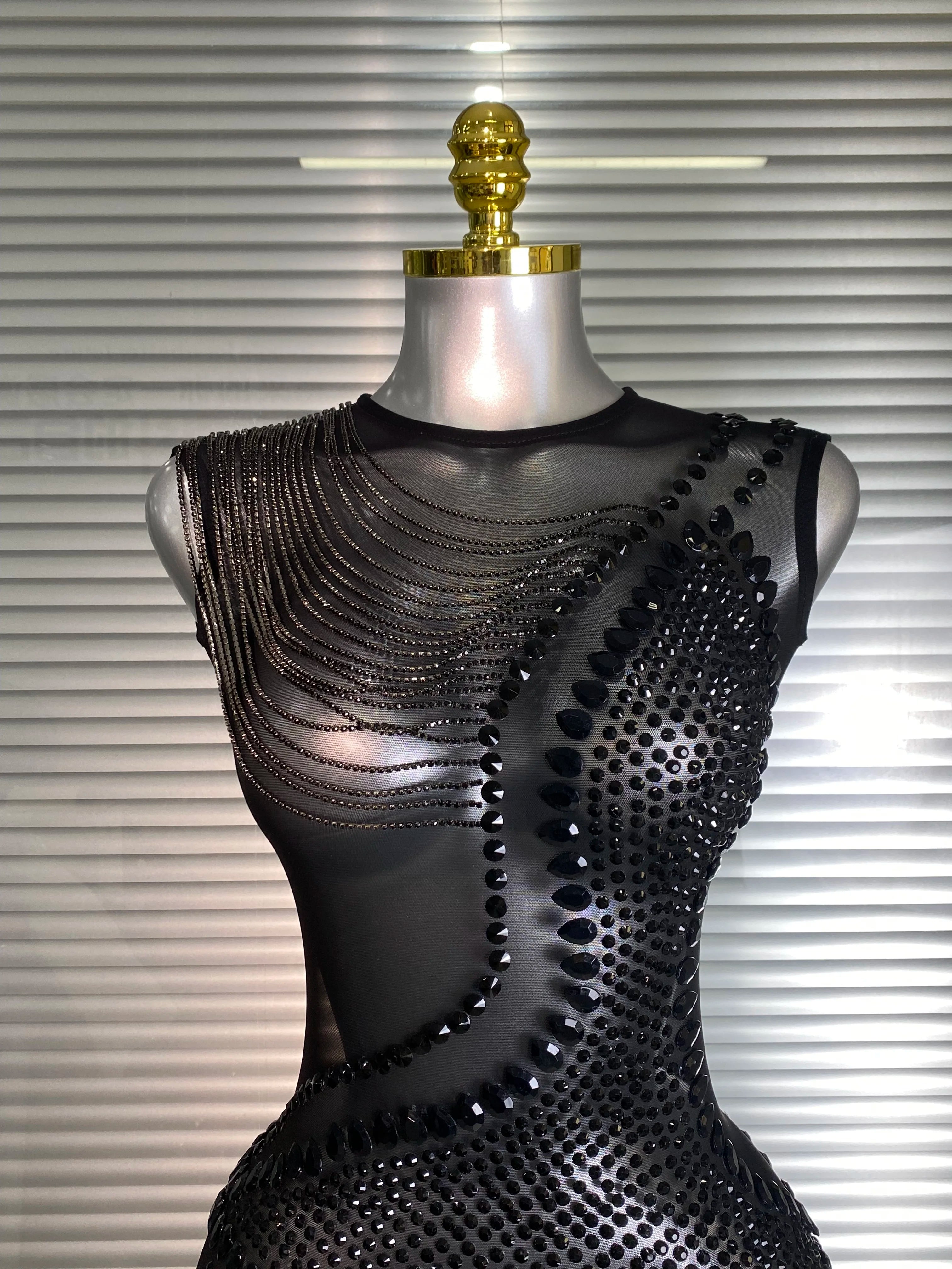 Summer New 2025 Women Sexy Crystal Sheer Black Bodycon Jumpsuit Celebrity Designer Dancer Celebrity Night Club Rompers