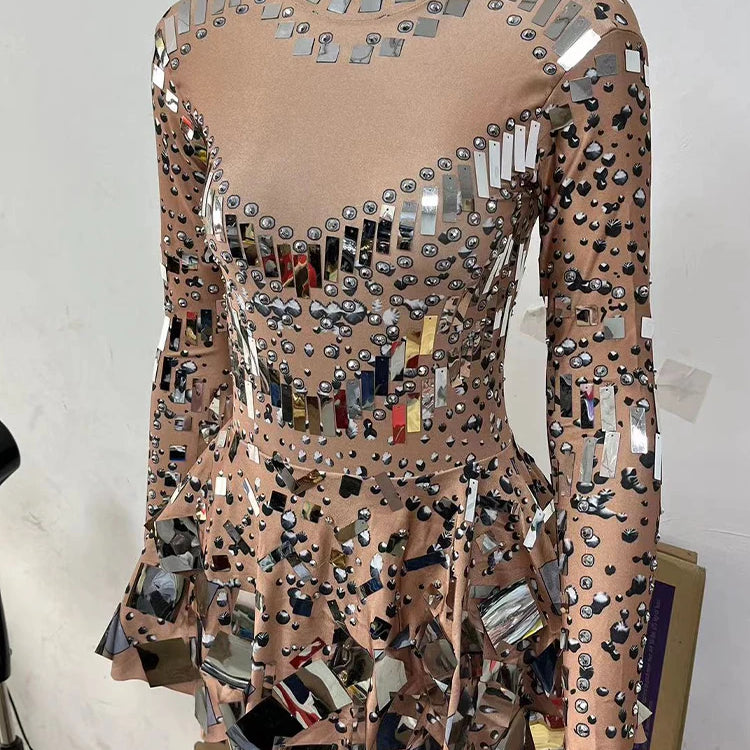 Raquel Mirror Party Dress Black Stretch Stage Dance Dress Nightclub Party Celebrate Dress Women Dancer Performance Clothes apricot