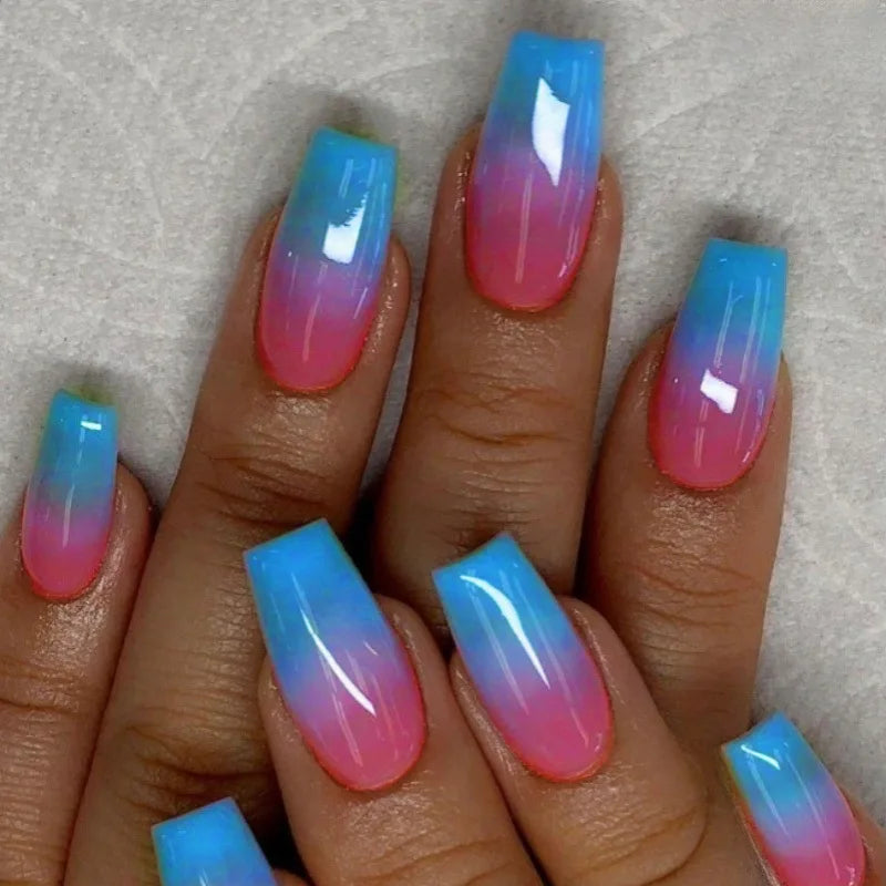 24pcs/set Medium long fake nails for women girls Y2K gradient purple blue yellow green square almond tips press on false nails