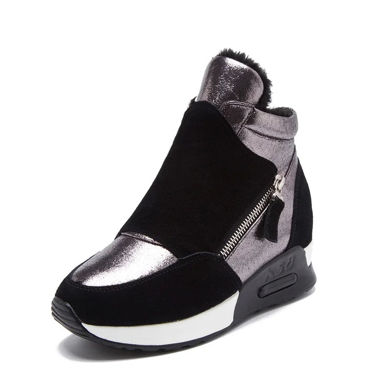 Snow Boots Women Autumn Winter Genuine Leather Warm Shoes Fashion Ladies High Top Sneakers Height Increasing 3cm