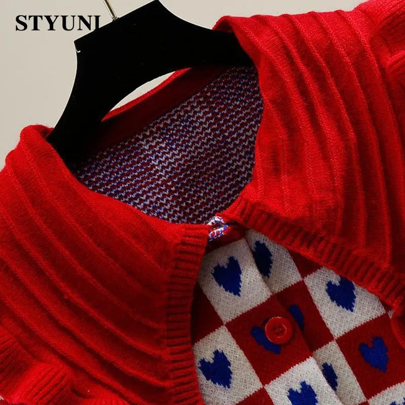Heart-Shaped Plaid Peter pan Collar Acrylic Knitted Long Sleeve Women's Sweater Korean Fashion Chic Single Breasted Cardigan