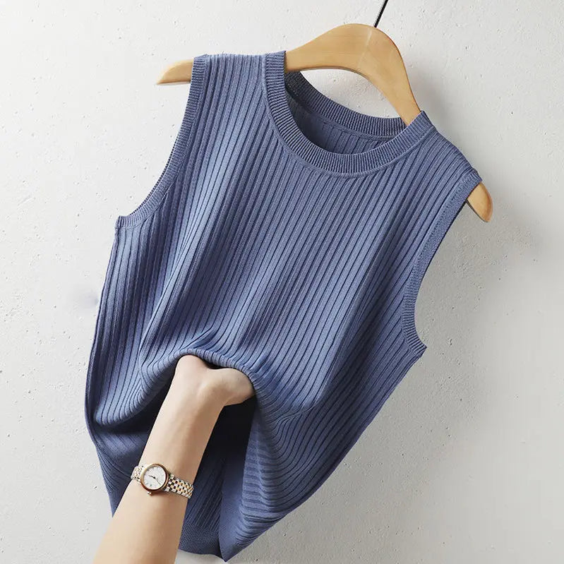 Summer Ice Silk Vest Women's Korean Version Solid Color Knitted Thin Loose Temperament Round Neck Sleeveless Top for Outer Wear Blue