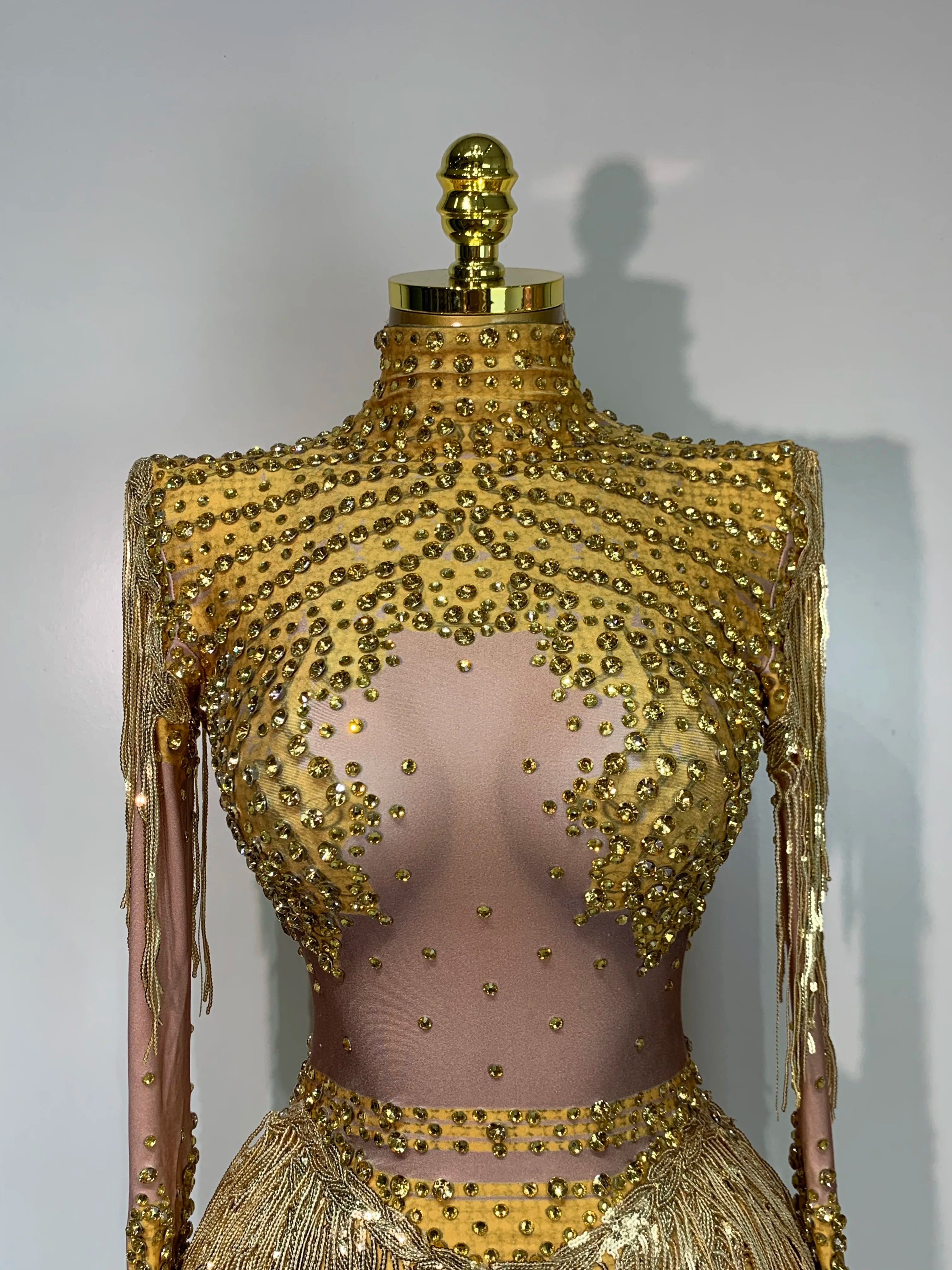 Women Long Sleeve Sexy Shinning Tassels Rhinestone Bodycon Bodysuit High Stretch Bar Dancer Nightclub Stage Wear Birthday Outfit