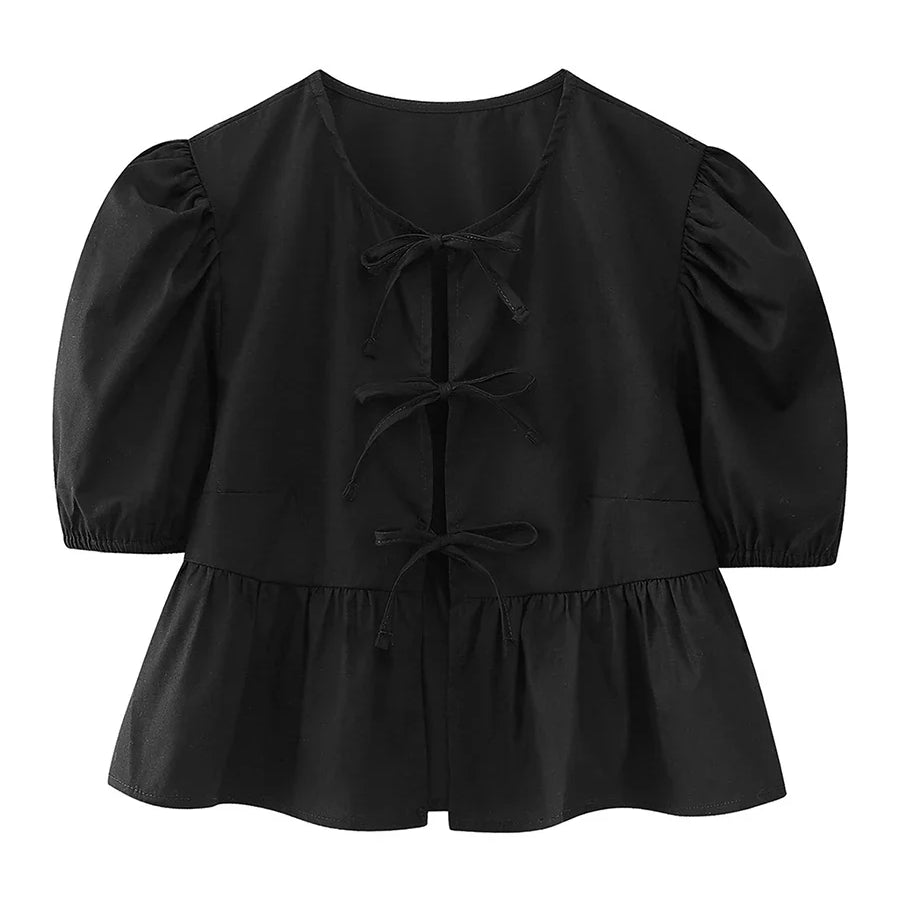 wsevypo Chic Summer Babydoll Shirts Solid/Stripe Short Women's Puff Sleeve Round Neck Tie-Up Front Peplum Blouses Top for Street C