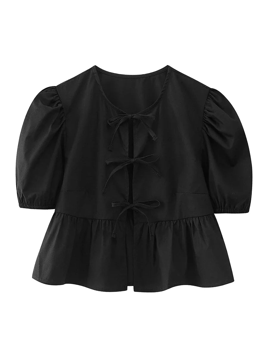wsevypo Chic Summer Babydoll Shirts Solid/Stripe Short Women's Puff Sleeve Round Neck Tie-Up Front Peplum Blouses Top for Street C