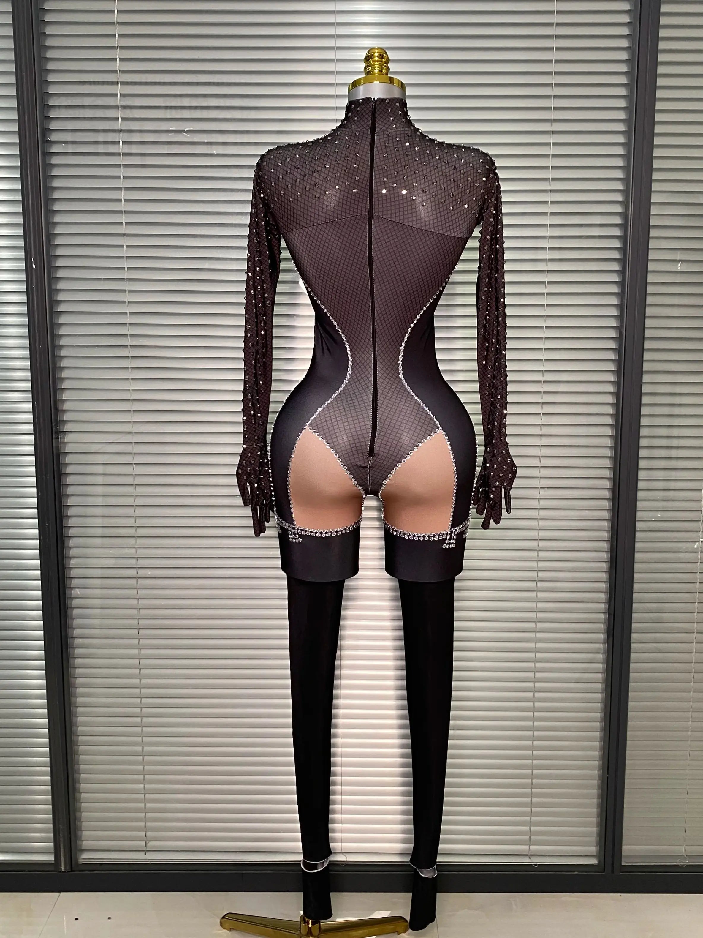 Summer New 2025 Women Sexy Crystal Black Long Sleeve Bodycon Jumpsuit Celebrity Designer Dancer Night Club Rompers