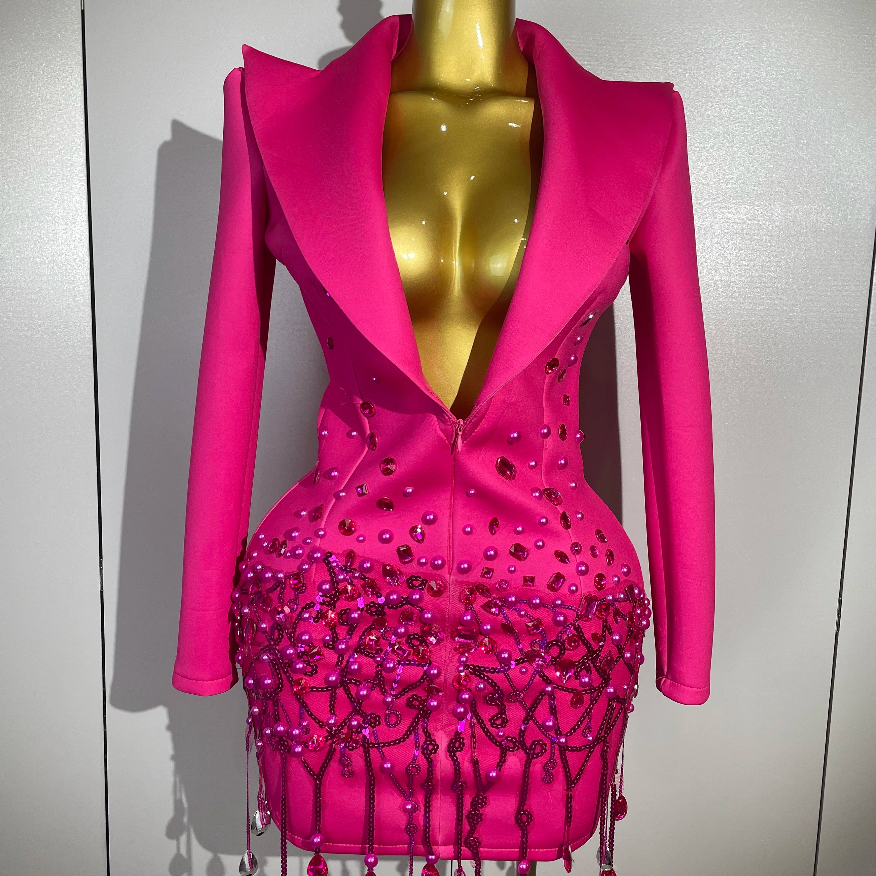 Sparkly Crystal Chains Pearls Long Sleeve Mini Dress 2025 Women Birthday Evening Party Nightclub Outfit Singer Wedding Costume