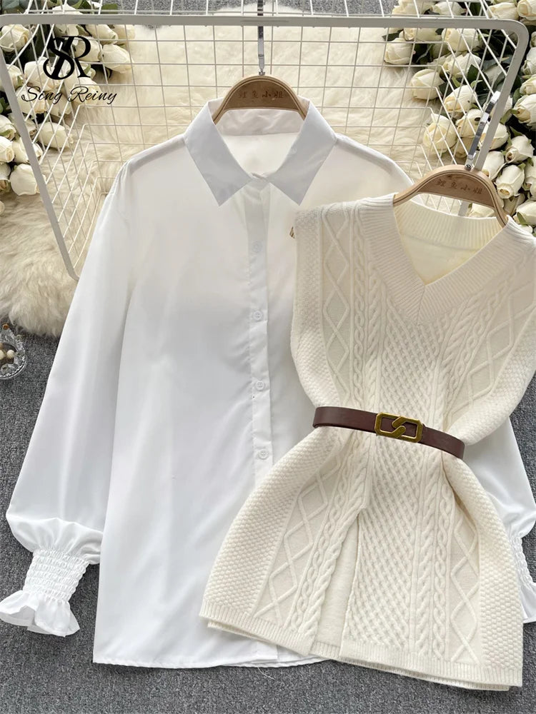 Office Lady Knitted Sweater Warm Thick Knit Vest+Single Breasted Lantern Sleeve Blouse Women Pullover Shirt Suits