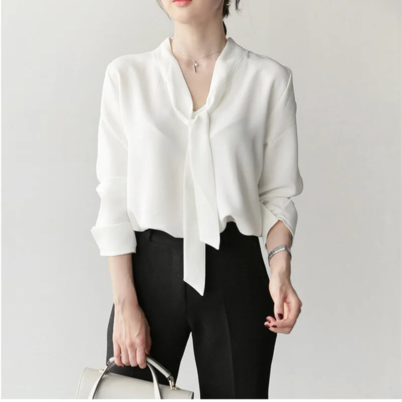 한국인 리뷰 많은 옷 Women Blouse Shirts Korean Fashion Office Autumn Long Sleeve Tie Bow Chiffon Turtleneck Formal Shirts E335-8152bai