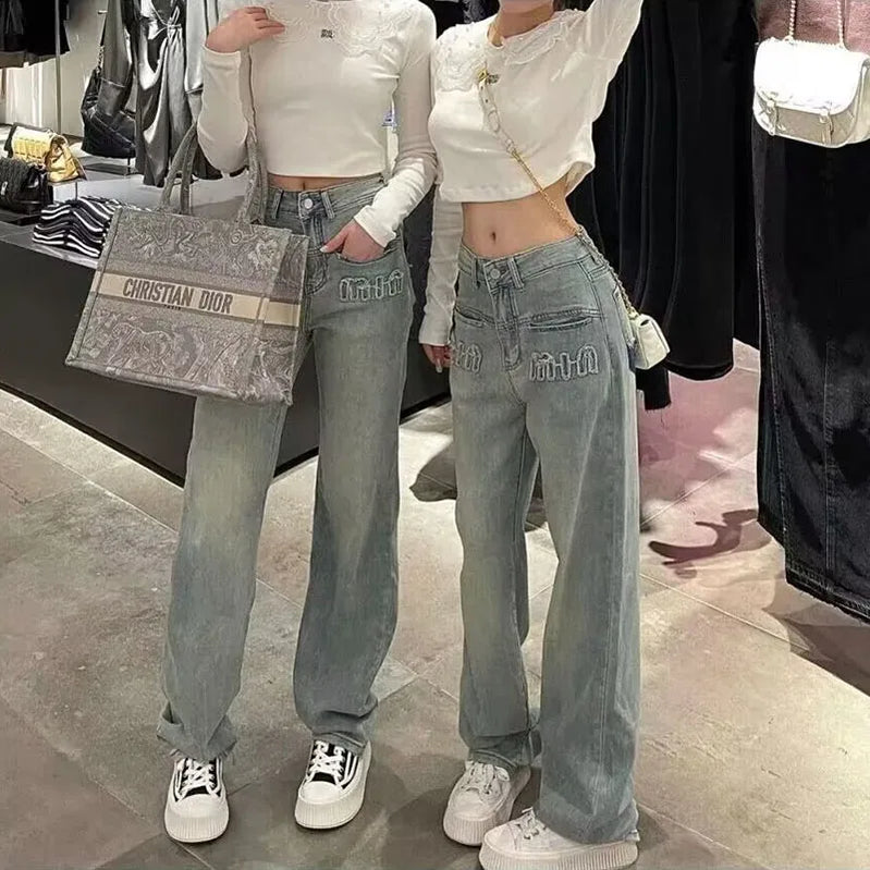 Y2K American Retro Gothic Wide Legged New Worn Out Washed Loose Slim Straight Floor Dragging Jeans