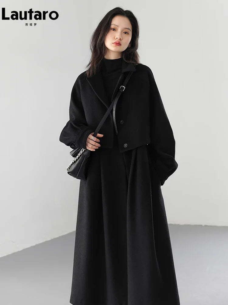 Autumn Winter Long Flowy Luxury Vintage Black Warm Thick Woolen Coat Women Luxury Designer Fake 2 Pieces Clothes 2023
