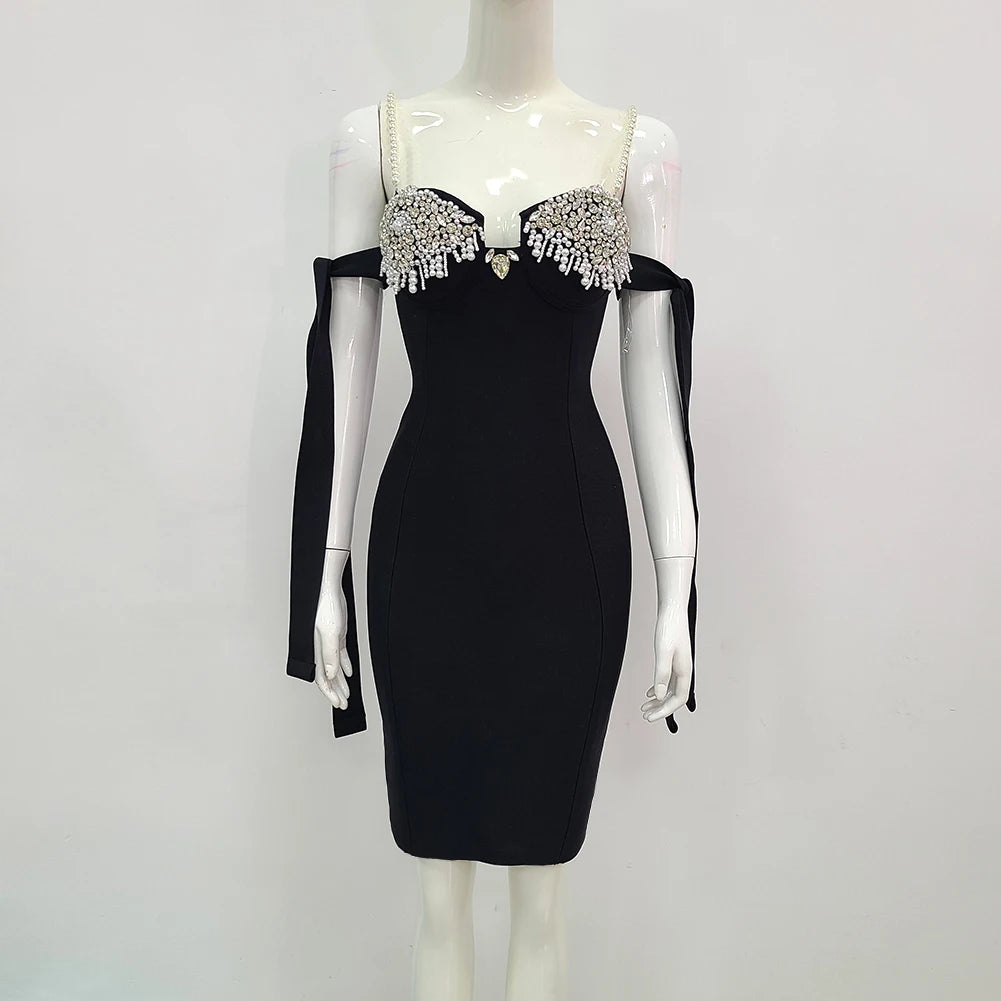 EXquisite Beading Shining Diamonds Lace Up Spaghetti Strap Knee Length Dress Hotsweet Woman Bandage Dress Evening Party Outfit