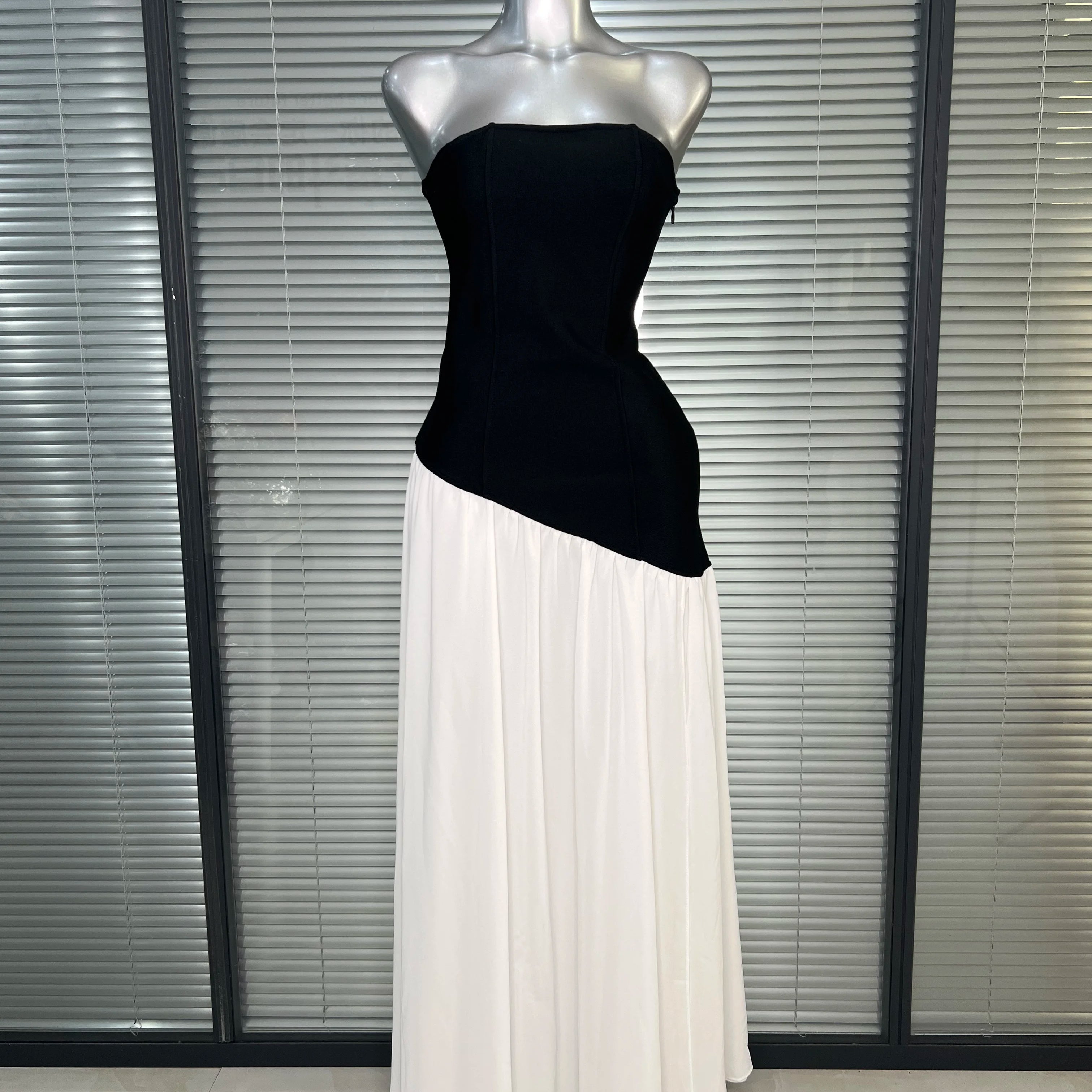 Brand New 2025 Women Sexy Strapless Bodycon Maxi Dress Patchwork High Street Evening Party Dress Vestido