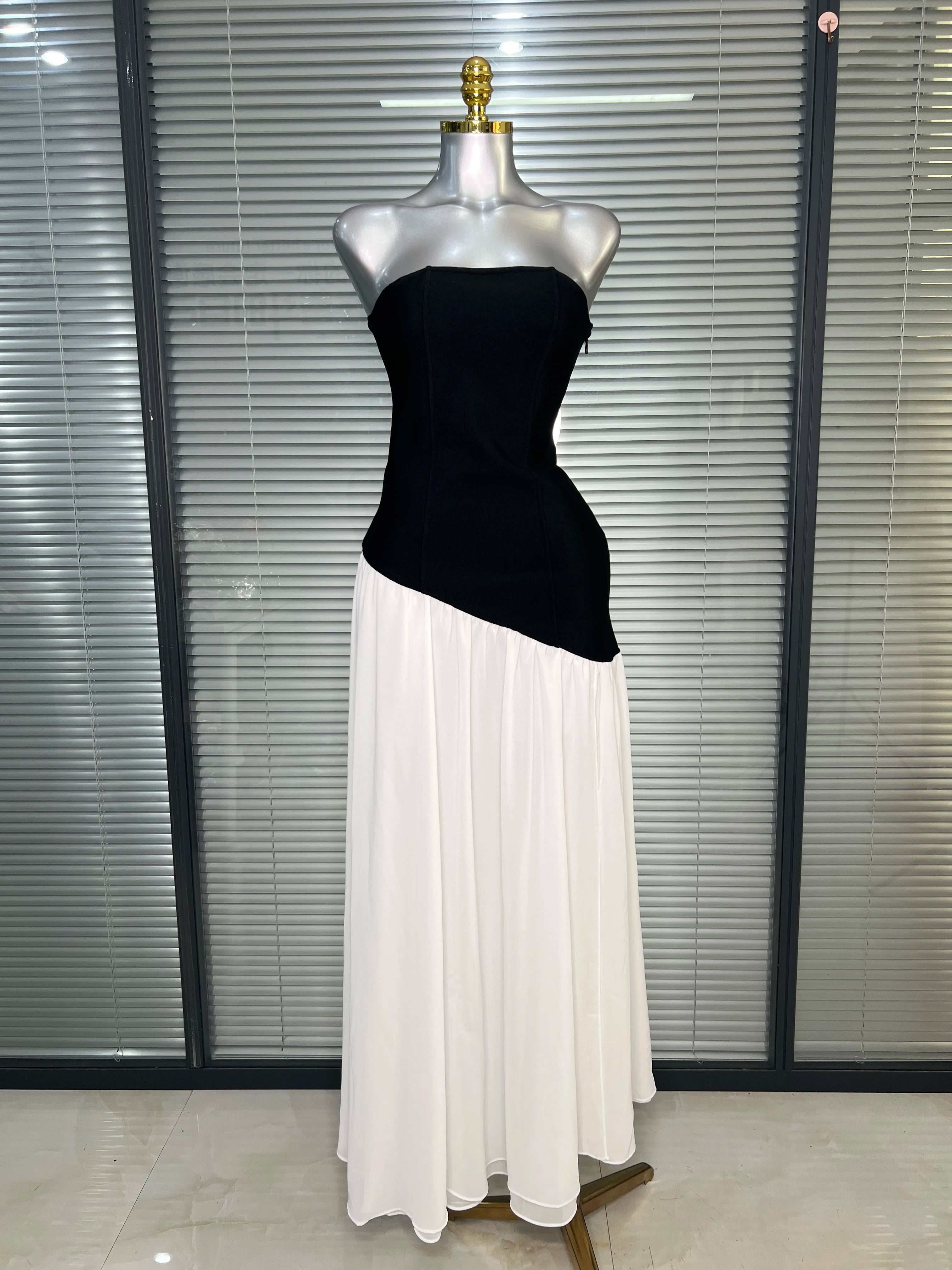 Brand New 2025 Women Sexy Strapless Bodycon Maxi Dress Patchwork High Street Evening Party Dress Vestido