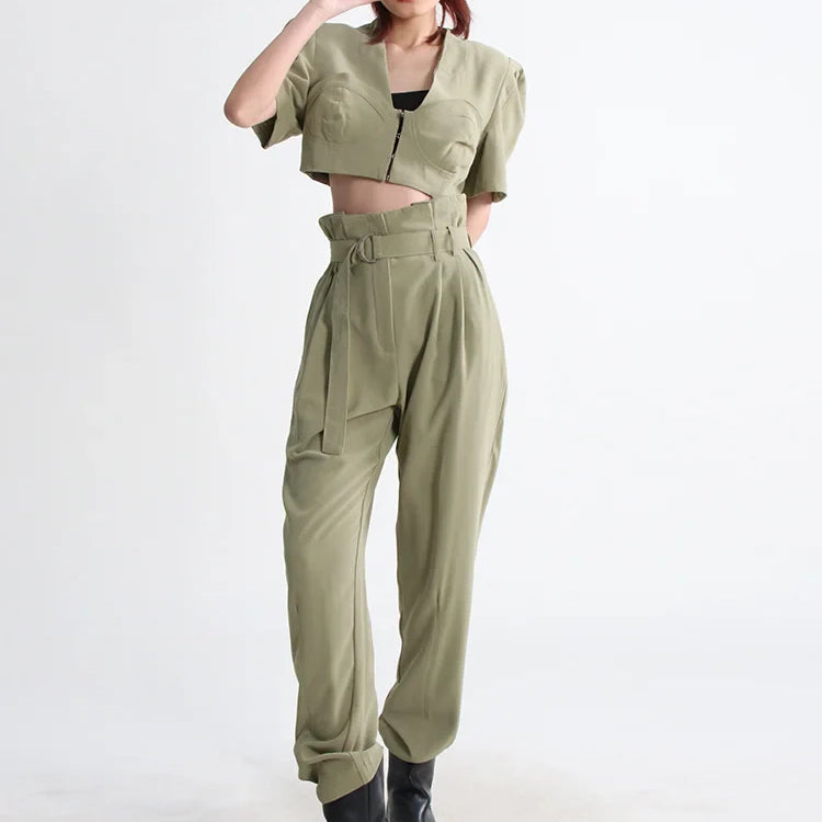 VGH Slim Two Piece Sets For Women V Neck Short Sleeve Crop Tops High Waist Spliceed Belt Wide Leg Pants Casual Set Female 2023