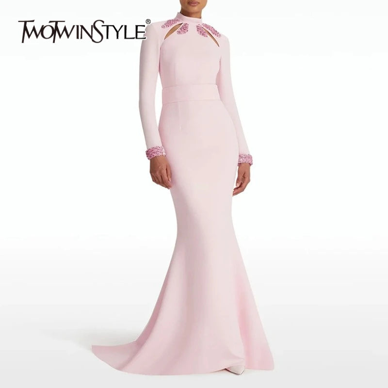 TWOTWINSTYLE Solid Slimming Spliced Sequins Elegant Dresses for Women High Neck Long Sleeves Hollow Out Long Dress Female New