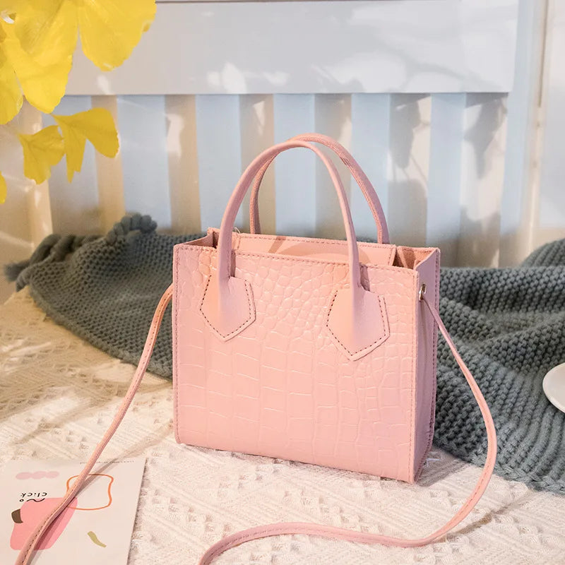 Fashion Crossbody Bag For Women All-Match Shoulder Bag Pu Leather Crocodile Pattern Messenger Bag Mini Square Tote Bag 2024 pink