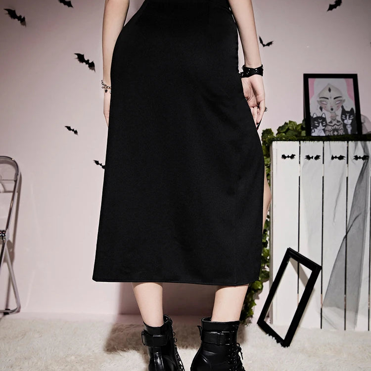Goth Dark Grunge Bandage High Split Sexy Midi Skirts Mall Gothic Techwear Irregular Eyelet Long Skirt For Women Black Partywear