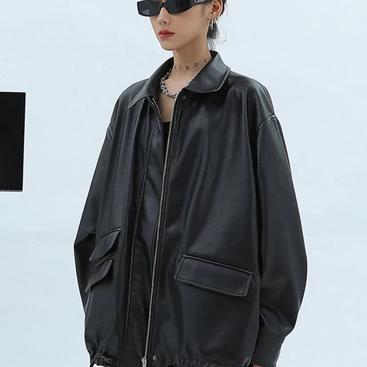 Spring Autumn Oversized Casual Waterproof Black Soft Pu Leather Jacket Women with Drop Shoulder Long Sleeve Fashion 2022