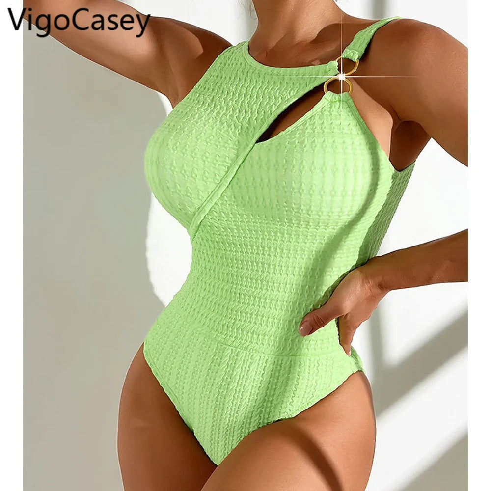 VigoCasey Solid Ring Patchwork Swimwear Women Sexy Hollow Push UP One Piece Swimsuit Monokini Summer Beach Bathing Suit