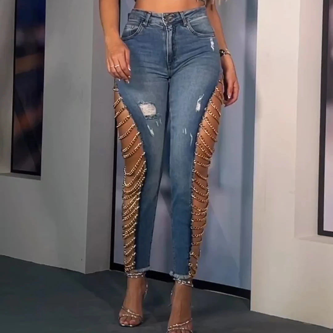 Sexy Skinny Slim Fit High Waist Jeans for Women Trendy Demin Pants Party Peach Button Light Blue
