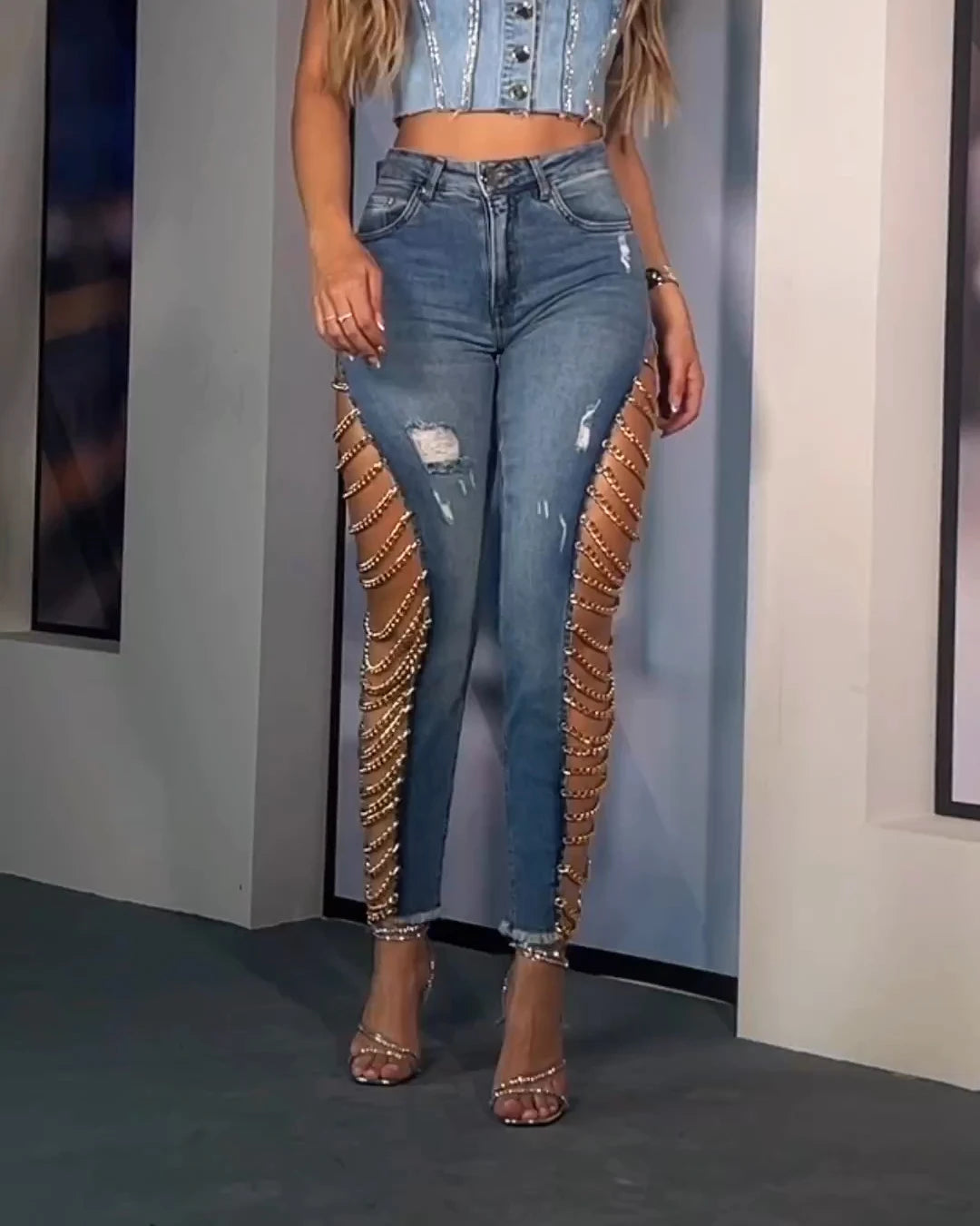 Sexy Skinny Slim Fit High Waist Jeans for Women Trendy Demin Pants Party Peach Button Light Blue