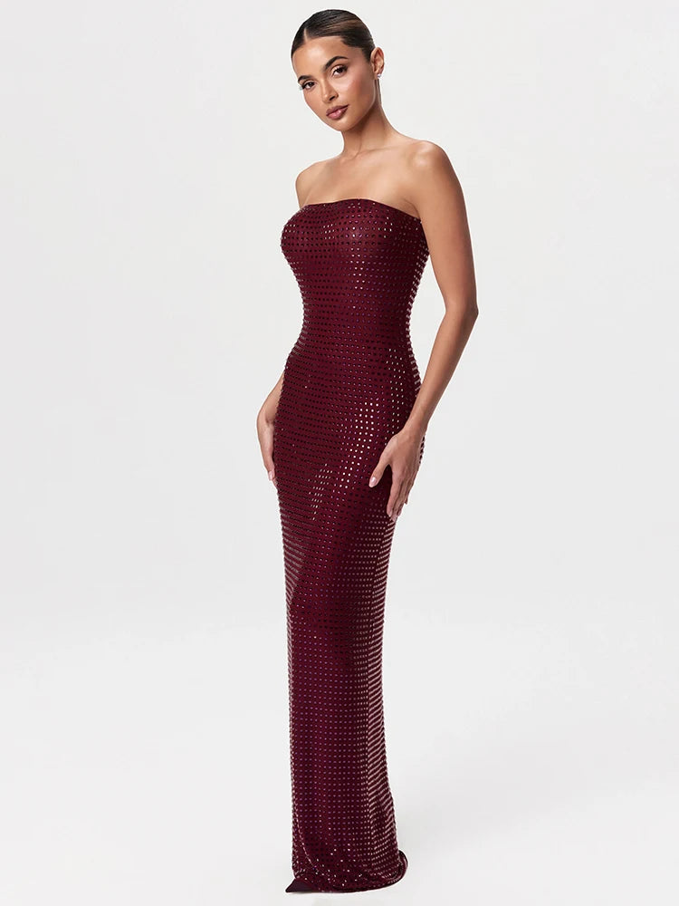 VC Redwine Beaded Strapless Long Maxi Dress For Women Elegant Sleeveless Backless Sparkle Crystals Bodycon Cocktail Evening Gown