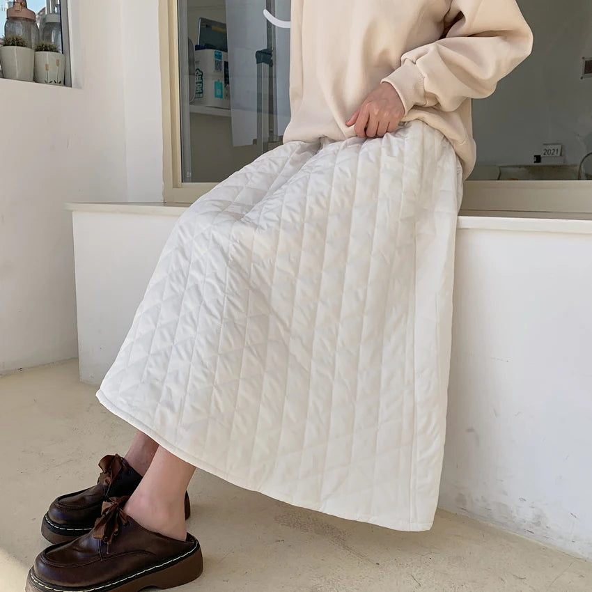 Winter Down Padded A-line Skirt Women Black Solid Pockets Long Skirts Thickening Warm Bottoms Jupe Chic Female