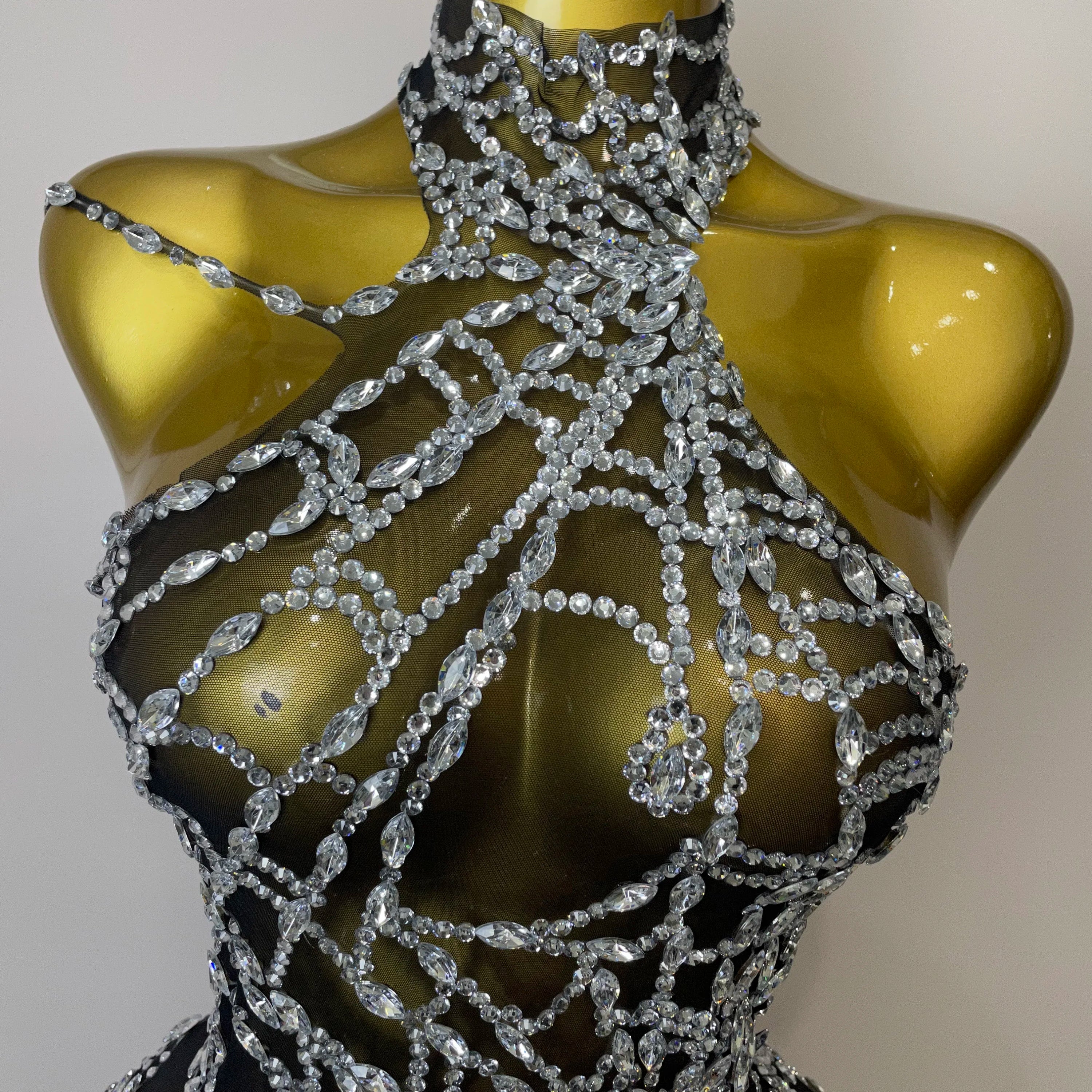 STOCK 2025Women Sparkly Diamond Sexy Mesh Jumpsuit Nightclub Bar Party Show Gogo Dancer Clothing Drag Queen Outfit Stage Costume