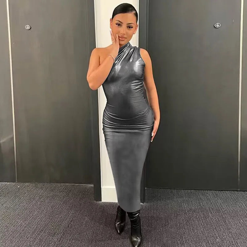 Faux Leather Sleeveless One Shoulder Long Dress For Women Bodycon Sexy Streetwear Party Club Outfits Summer Clothes Dark Grey