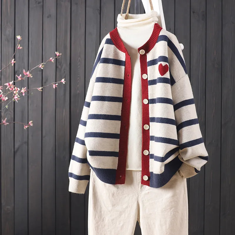 Autumn And Winter New Stripes Color Matching Button Round Neck Knitted Cardigan Women Long-sleeved Sweater All-match Navy Blue One Size