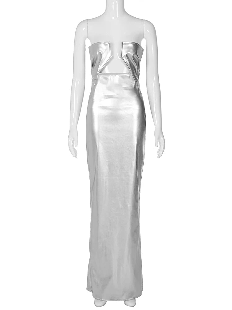 Pu Leather Strapless Solid Hollow Out Slit Sexy Bodycon Maxi Prom Dress Summer Fall Elegant Slim Outfit Wedding Party