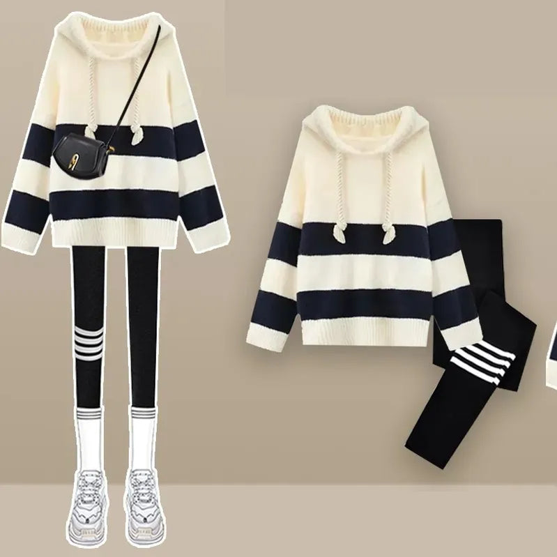 Women's Autumn Winter New Loose Knitted Hoodie Shark Pants Two Piece Korean Elegant Pullover Matching Set Female Clothing Suit Set 01