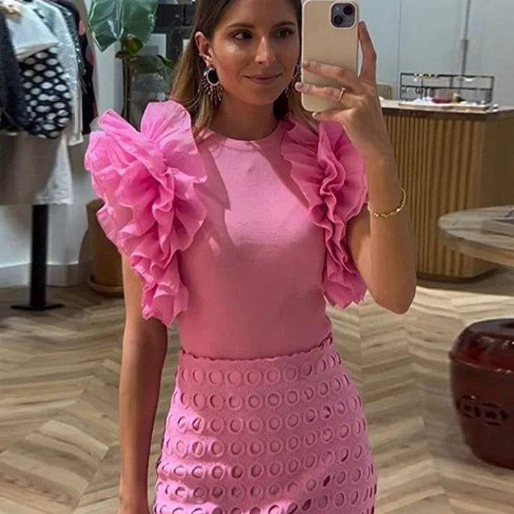 Women Elegant Pink Spliced Pleated Lace Midi Dress Chic Round Neck Sleeveless Hollow Out Robe New Lady Party Slim Vestidos
